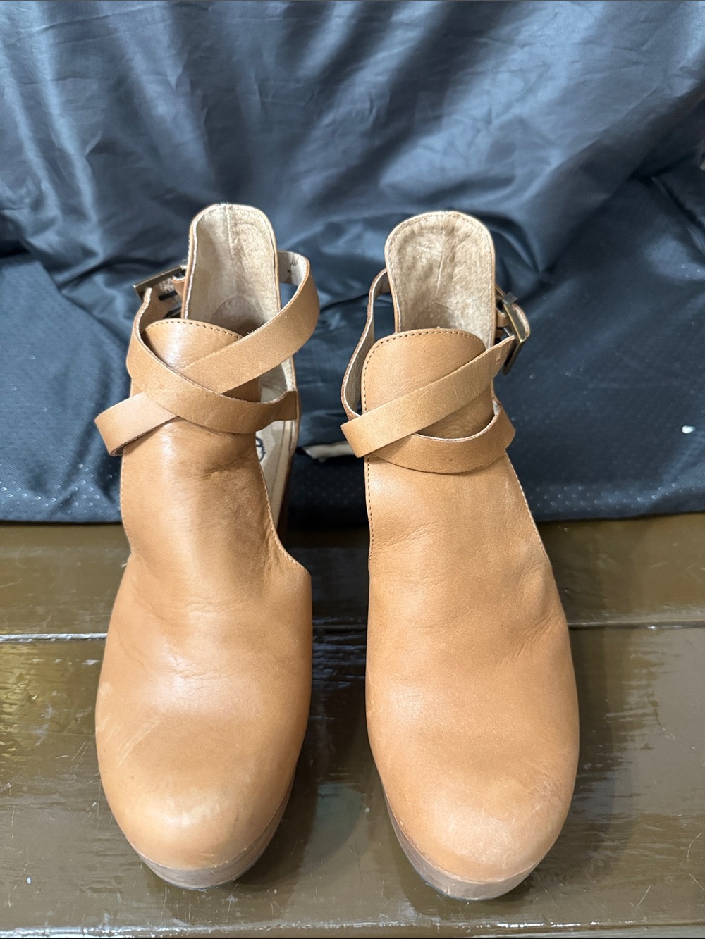 Free People Women's Tan Leather Clog Mules with Cross Strap